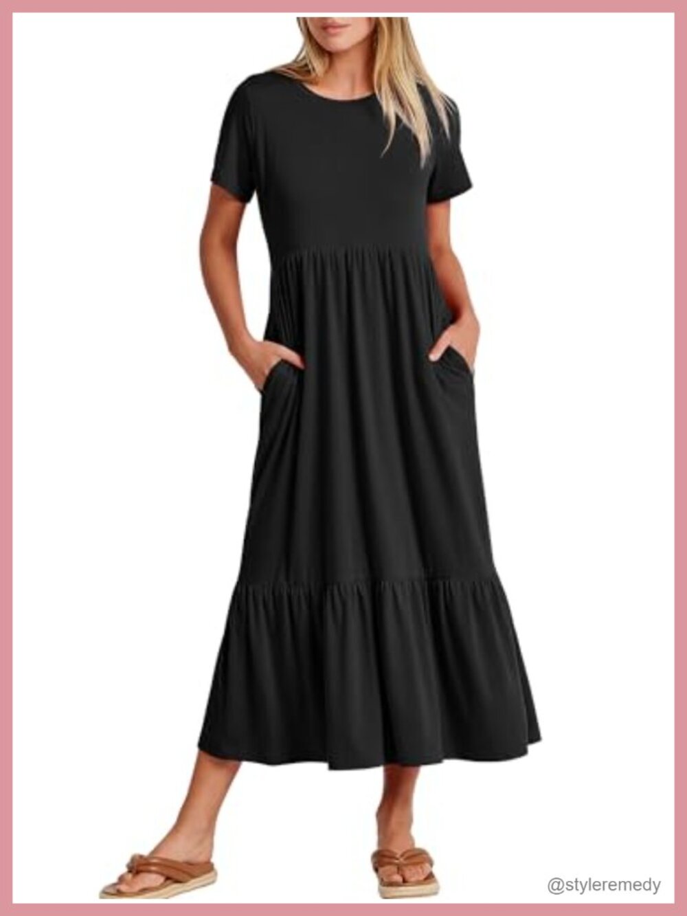 Women's Casual Short Sleeve Tiered Maxi Dress with Pockets
